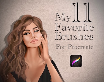 May include: A digital illustration of a woman with long brown hair, wearing a black dress, with the text "My 11 Favourite Brushes For Procreate" and a Procreate app icon.