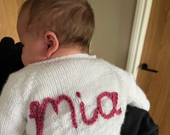 Personalised 0-3 months hand embroidered knitted cardigans and jumpers