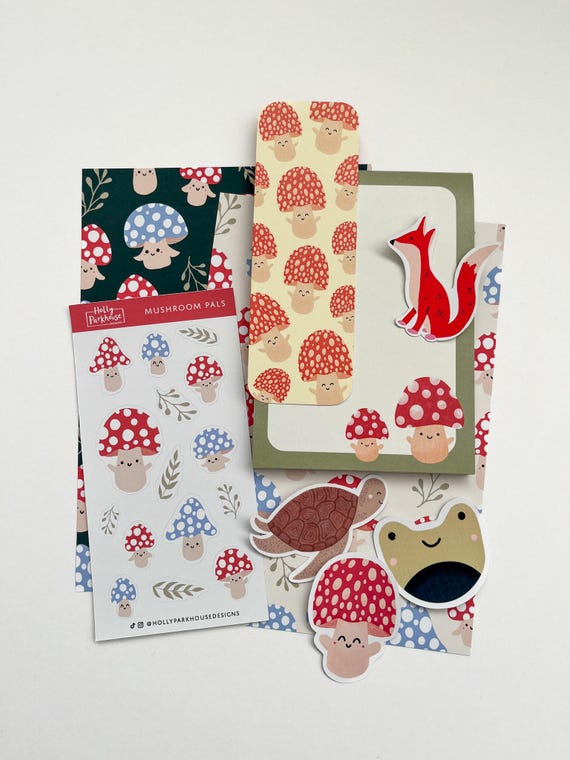 Mushroom stationery journaling set, frogs, turtle, fox