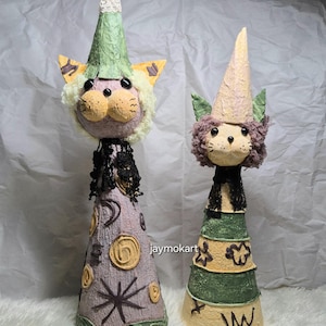 Whimsical Cat Witch Figurine Set, Fantasy Fairy Cat Sculpture, Handmade Witch Cat Decor, Magical Woodland Home Decor, Cute Fantasy Art