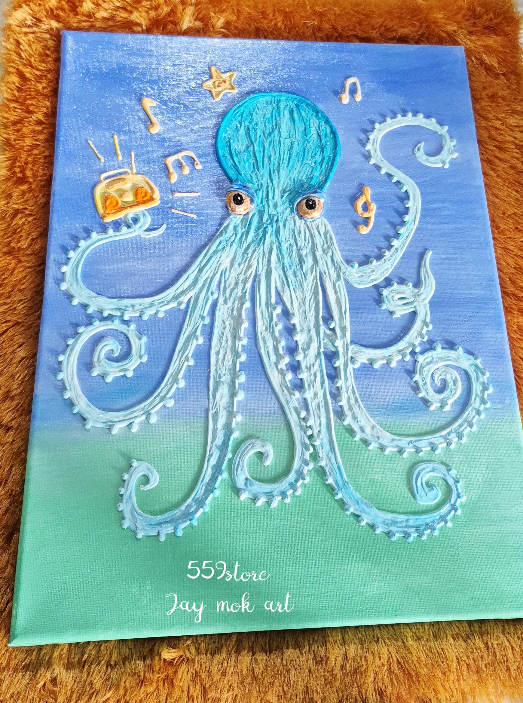 タコの絵画、テクスチャのあるタコの絵画、90年代のアート、海の壁の