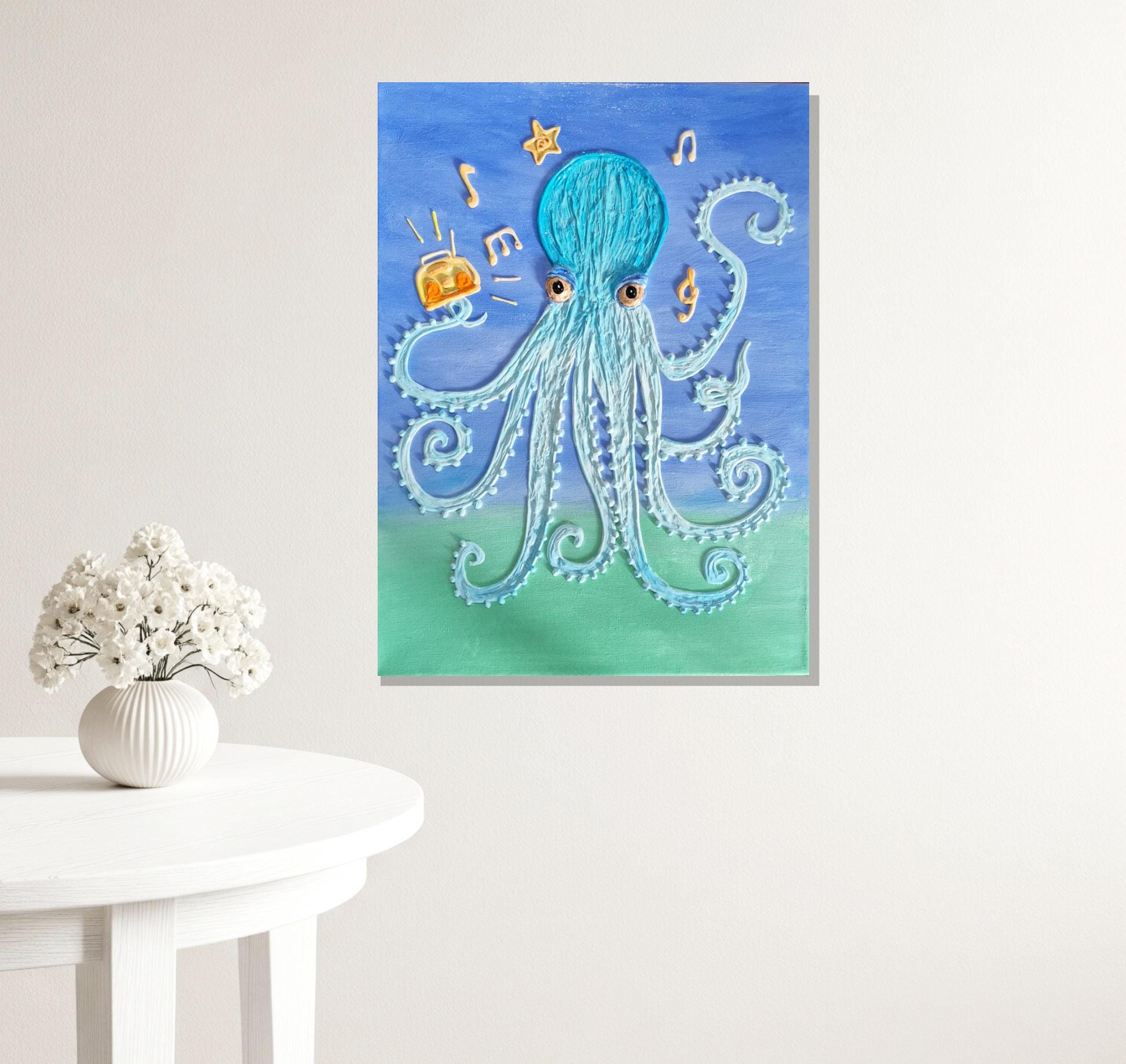 タコの絵画、テクスチャのあるタコの絵画、90年代のアート、海の壁の