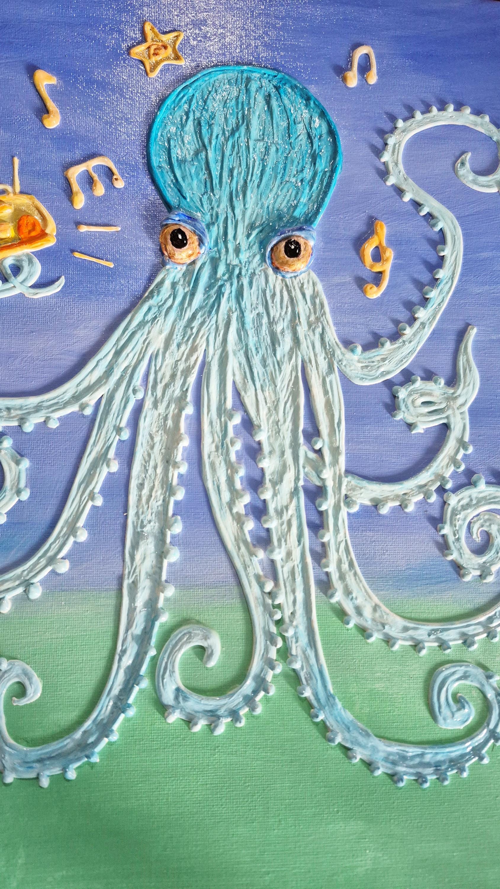タコの絵画、テクスチャのあるタコの絵画、90年代のアート、海の壁の