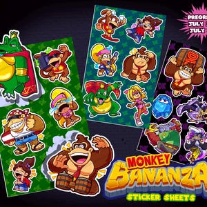 May include: Three sticker sheets featuring colorful cartoon illustrations of various characters from the Donkey Kong series, including King K. Rool, Diddy Kong, and Donkey Kong. The text reads PREORDER JULY 10-JULY 31 and MONKEY BANANZA STICKER SHEETS.