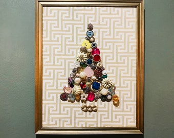 Vintage Jewelry Christmas Tree Collage - Framed Wall Hanging 15in x 12in