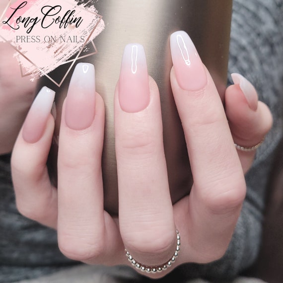 français ombre presse sur nail set blanc beige dégradé faux ongles