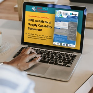 May include: A laptop computer displaying a webpage with a yellow background and the text "Download Amazing Editable Word PPE and Medical Supply Capability Statement". The text "Download easy to edit and fully customizable templates in Microsoft Word to promote your business." is also visible on the webpage. The laptop is on a white table with a cup of coffee and a notebook.