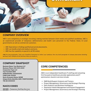 Puede incluir: Documento comercial con el t&iacute;tulo "CAPABILITY STATEMENT" y un logotipo. Detalla informaci&oacute;n de la empresa, competencias b&aacute;sicas y c&oacute;digos NAICS. La imagen muestra a personas revisando documentos y usando una tableta.