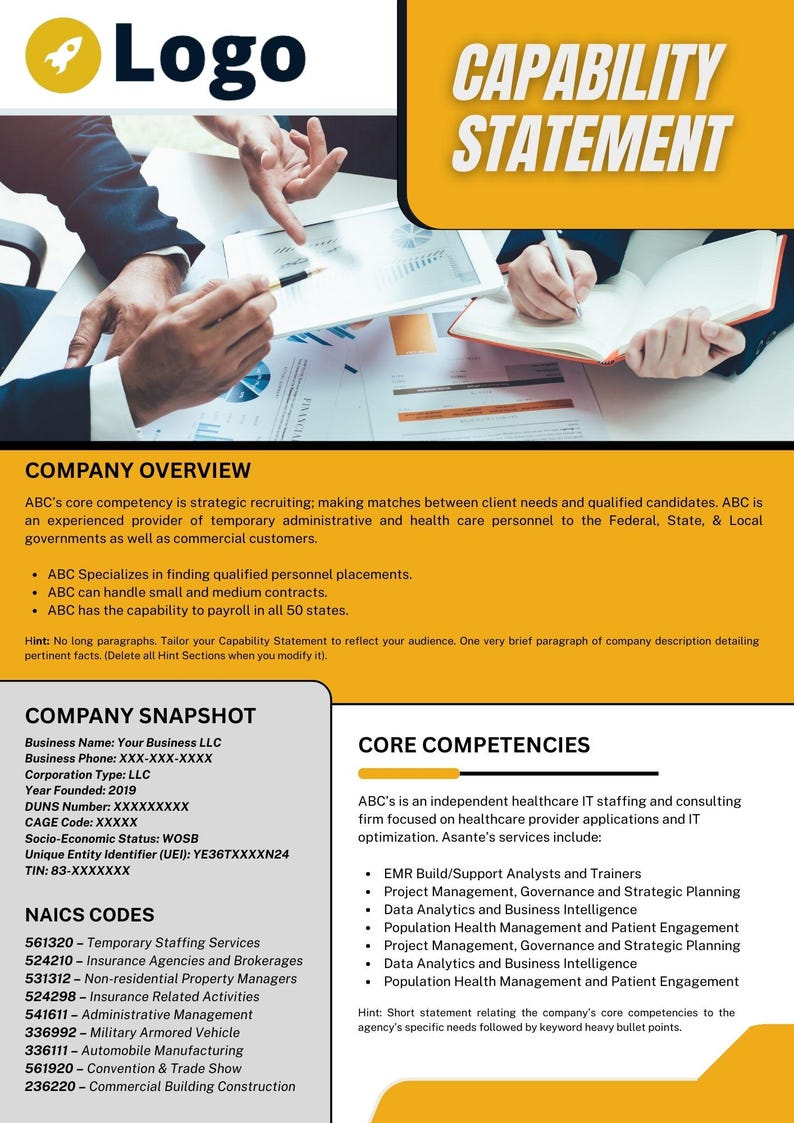 Puede incluir: Documento comercial con el t&iacute;tulo "CAPABILITY STATEMENT" y un logotipo. Detalla informaci&oacute;n de la empresa, competencias b&aacute;sicas y c&oacute;digos NAICS. La imagen muestra a personas revisando documentos y usando una tableta.