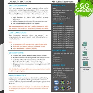 May include: A green and white capability statement template featuring a rocket ship logo. The template includes sections for executive summary, core competencies, differentiators, past performance, certifications, contact info, and business data. The template is fully editable and professionally designed.