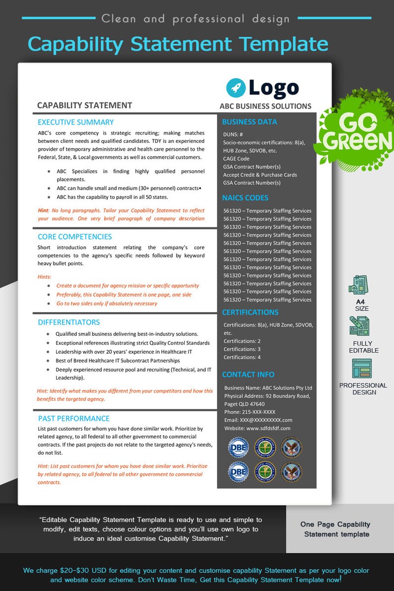 May include: A green and white capability statement template featuring a rocket ship logo. The template includes sections for executive summary, core competencies, differentiators, past performance, certifications, contact info, and business data. The template is fully editable and professionally designed.