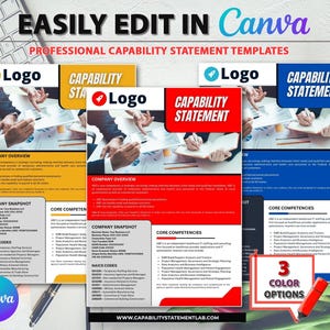 Puede incluir: Imagen promocional que muestra plantillas de declaraciones de capacidad profesional, f&aacute;cilmente editables en Canva. El dise&ntilde;o presenta tres opciones de color, cada una con un logotipo y secciones para la descripci&oacute;n general de la empresa, la instant&aacute;nea y las competencias b&aacute;sicas. Se incluye un marcador rojo.