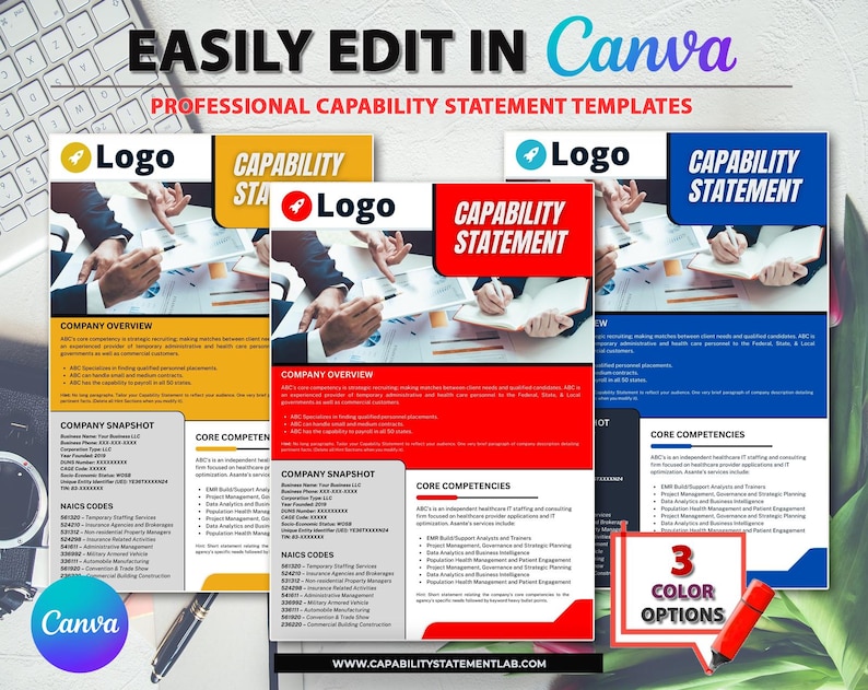 Puede incluir: Imagen promocional que muestra plantillas de declaraciones de capacidad profesional, f&aacute;cilmente editables en Canva. El dise&ntilde;o presenta tres opciones de color, cada una con un logotipo y secciones para la descripci&oacute;n general de la empresa, la instant&aacute;nea y las competencias b&aacute;sicas. Se incluye un marcador rojo.