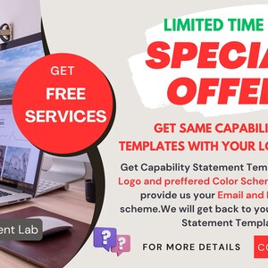 May include: A laptop computer with a website open on the screen. The website is for a company called "Capability Statement Lab". The text on the website says "Get Free Services" and "Limited Time Offer Special Offer". The text also says "Get Same Capability Statement Templates With Your Logo Colour Scheme".