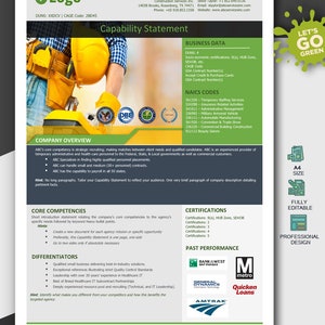 May include: A capability statement template featuring a green splatter design. The template is fully editable and includes a logo placeholder, contact information, business data, NAICS codes, core competencies, differentiators, certifications, past performance, and a size guide. The template is designed for professional use.