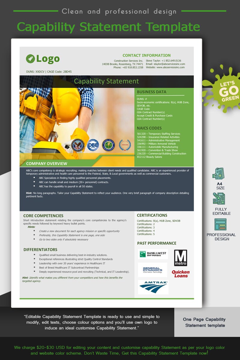 Construction Capability Statement Template 002 - Etsy