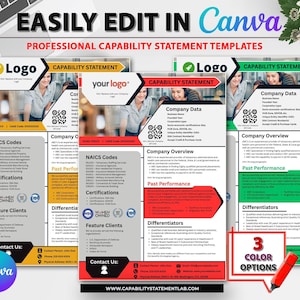 May include: Three Capability Statement templates in yellow, red, and green, with the text "EASILY EDIT IN Canva" and "PROFESSIONAL CAPABILITY STATEMENT TEMPLATES". Each template includes sections for company data, NAICS codes, and certifications. A red marker highlights "3 COLOR OPTIONS".