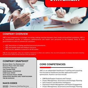 Puede incluir: Documento rojo y blanco titulado "CAPABILITY STATEMENT" con el logotipo de la empresa. El documento incluye texto sobre la descripci&oacute;n general de la empresa, las competencias b&aacute;sicas y la instant&aacute;nea de la empresa. Dos personas revisan documentos.