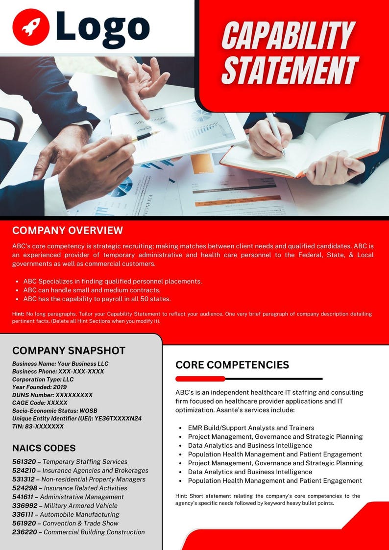 Puede incluir: Documento rojo y blanco titulado "CAPABILITY STATEMENT" con el logotipo de la empresa. El documento incluye texto sobre la descripci&oacute;n general de la empresa, las competencias b&aacute;sicas y la instant&aacute;nea de la empresa. Dos personas revisan documentos.