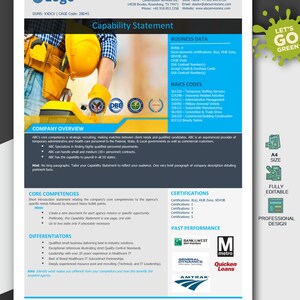 May include: A template for a capability statement with a green, yellow, and blue colour scheme. The template includes sections for contact information, business data, NAICS codes, company overview, core competencies, differentiators, certifications, past performance, and a call to action. The template is fully editable and includes a professional design.