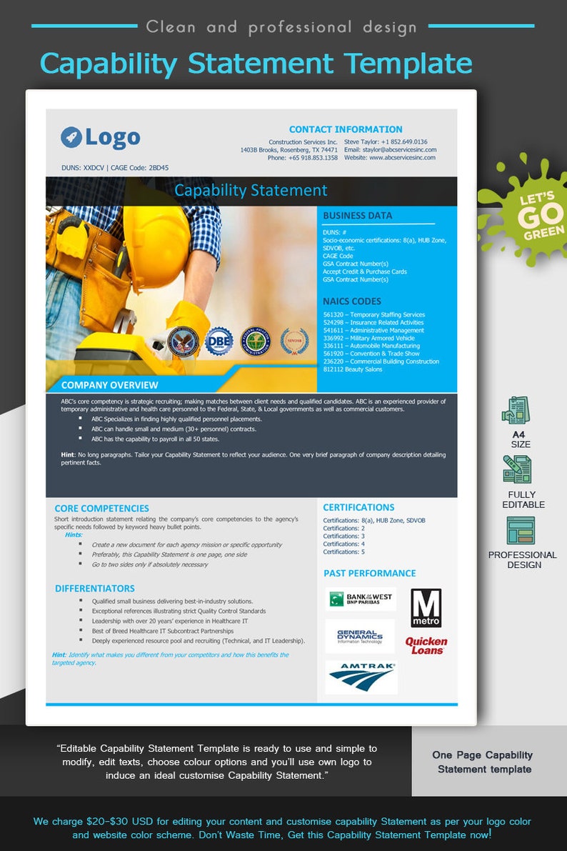 May include: A template for a capability statement with a green, yellow, and blue colour scheme. The template includes sections for contact information, business data, NAICS codes, company overview, core competencies, differentiators, certifications, past performance, and a call to action. The template is fully editable and includes a professional design.