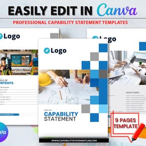 May include: A blue and white template for a capability statement with the text "Capability Statement" and "9 Pages Template" on a white background. The template is designed to be easily edited in Canva.
