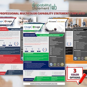 Peut inclure: Trois modèles de déclarations de capacité différents avec des schémas de couleurs rouge, vert et bleu. Chaque modèle comprend une présentation de l'entreprise, une déclaration de capacité de coentreprise, des codes NAICS, des certifications, des différenciateurs, des performances passées et des coordonnées. Le texte "3 options de couleurs" est écrit en rouge sur un cercle blanc.