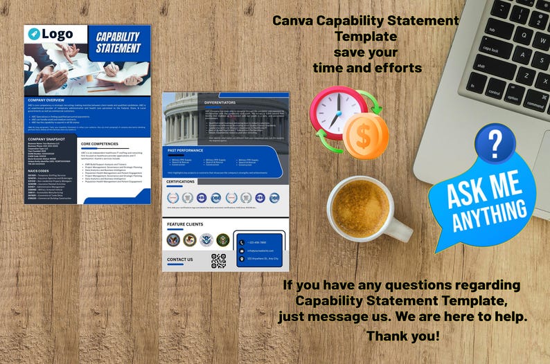 Puede incluir: Una superficie de madera muestra una computadora port&aacute;til, una taza de caf&eacute; y dos plantillas de declaraci&oacute;n de capacidad azules y blancas. Tambi&eacute;n hay un gr&aacute;fico de reloj y moneda, y una burbuja de di&aacute;logo con el texto "Ask Me Anything".