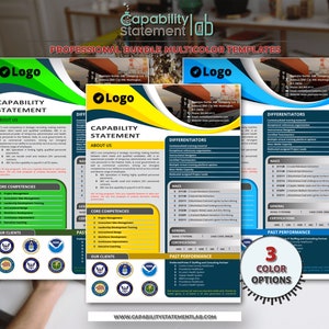 May include: Three different color templates for a capability statement. The templates are green, yellow, and blue. Each template has a logo, the words "Capability Statement", and sections for "About Us", "Core Competencies", "Differentiators", "NAICS", "General", "Certifications", "Past Performance", and "Our Clients".