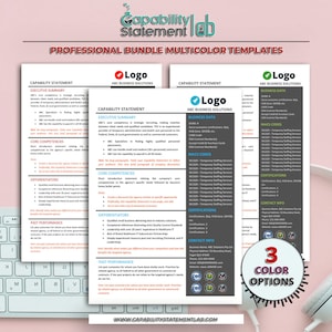 Peut inclure: Trois modèles de déclaration de capacité avec des schémas de couleurs différents. Chaque modèle comprend un espace réservé pour le logo, des données commerciales, des compétences de base, des différenciateurs, des performances passées, des certifications et des coordonnées. Les modèles sont conçus pour un usage professionnel.