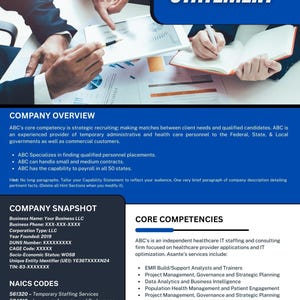 Puede incluir: Un documento comercial titulado "Declaraci&oacute;n de capacidad" con un dise&ntilde;o azul y blanco. El documento incluye informaci&oacute;n de la empresa, competencias b&aacute;sicas y c&oacute;digos NAICS. La imagen muestra a personas trabajando en documentos.