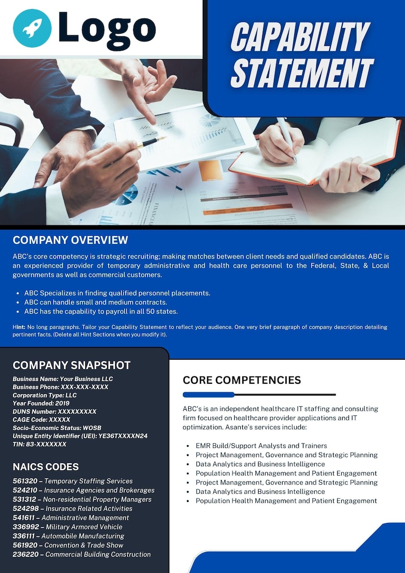 Puede incluir: Un documento comercial titulado "Declaraci&oacute;n de capacidad" con un dise&ntilde;o azul y blanco. El documento incluye informaci&oacute;n de la empresa, competencias b&aacute;sicas y c&oacute;digos NAICS. La imagen muestra a personas trabajando en documentos.