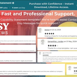 Puede incluir: Captura de pantalla de una tienda de Etsy, "CapabilityStatement", con una pancarta roja y naranja. La p&aacute;gina destaca "Soporte r&aacute;pido y profesional" y rese&ntilde;as de clientes. La tienda tiene una calificaci&oacute;n de 5.0, 77 rese&ntilde;as y 641 ventas, y lleva 4 a&ntilde;os en Etsy.