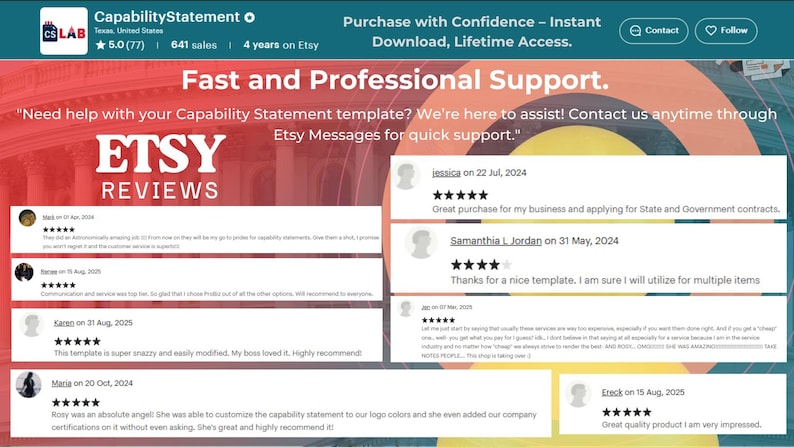 Puede incluir: Captura de pantalla de una tienda de Etsy, "CapabilityStatement", con una pancarta roja y naranja. La p&aacute;gina destaca "Soporte r&aacute;pido y profesional" y rese&ntilde;as de clientes. La tienda tiene una calificaci&oacute;n de 5.0, 77 rese&ntilde;as y 641 ventas, y lleva 4 a&ntilde;os en Etsy.