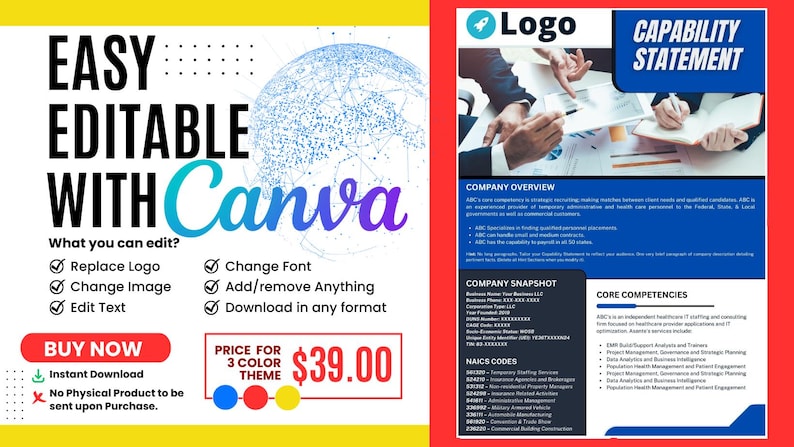 Puede incluir: Anuncio de producto digital con el texto &laquo;F&Aacute;CIL DE EDITAR CON Canva&raquo;. El anuncio destaca funciones como el reemplazo del logotipo, los cambios de imagen y la edici&oacute;n de texto. Tambi&eacute;n se muestra una &laquo;Declaraci&oacute;n de capacidad&raquo; con informaci&oacute;n comercial.