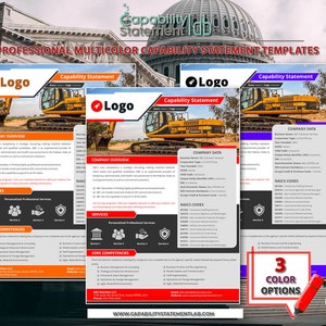 May include: Three professional capability statement templates with a red, blue, and green color scheme. Each template features a logo placeholder, company overview, company data, services, core competencies, and contact information. The templates are designed for businesses in the construction industry and feature an excavator in the background.