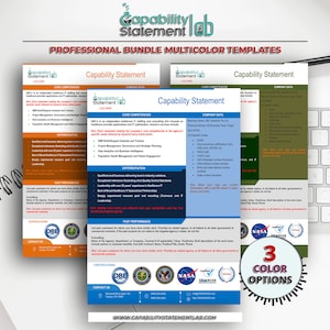 Peut inclure: Trois modèles de déclaration de capacité avec des schémas de couleurs différents. Chaque modèle comprend des sections pour les compétences de base, la différenciation, les performances passées, les certifications et les coordonnées. Les modèles présentent les logos du DBE, de la NASA et de la SBA.