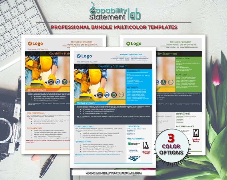 May include: Three different colour options for a capability statement template. The template features a construction worker wearing a yellow hard hat and safety vest. The template includes sections for contact information, business data, core competencies, differentiators, certifications, and past performance.
