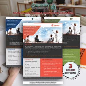 Può includere: Un modello multicolore per una dichiarazione di capacità con il testo "Capability Statement" e "Chemours" sulla pagina. Il modello presenta un'opzione a 3 colori e una sezione di dati aziendali.