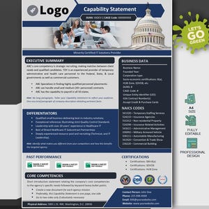 May include: Editable MS Word template for a capability statement. The template features a green and white logo with the text "Let's Go Green". The template includes sections for executive summary, differentiators, past performance, core competencies, business data, NAICS codes, and certifications. The template is fully editable and has a professional design.