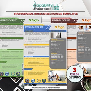 May include: Three different capability statement templates with a logo, company data, NAICS codes, and certifications. The templates are in yellow, orange, and pink. The text "3 Color Options" is in a white circle with a black outline.