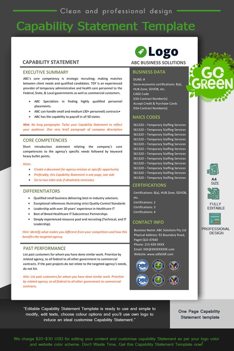 May include: A green and white template for a capability statement. The template includes sections for executive summary, core competencies, differentiators, past performance, and contact information. The template is fully editable and includes a logo for ABC Business Solutions.