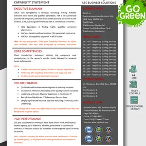 May include: A black and white capability statement template for a business called ABC Business Solutions. The template includes sections for executive summary, core competencies, differentiators, past performance, contact info, and business data. The template is fully editable and has a professional design.