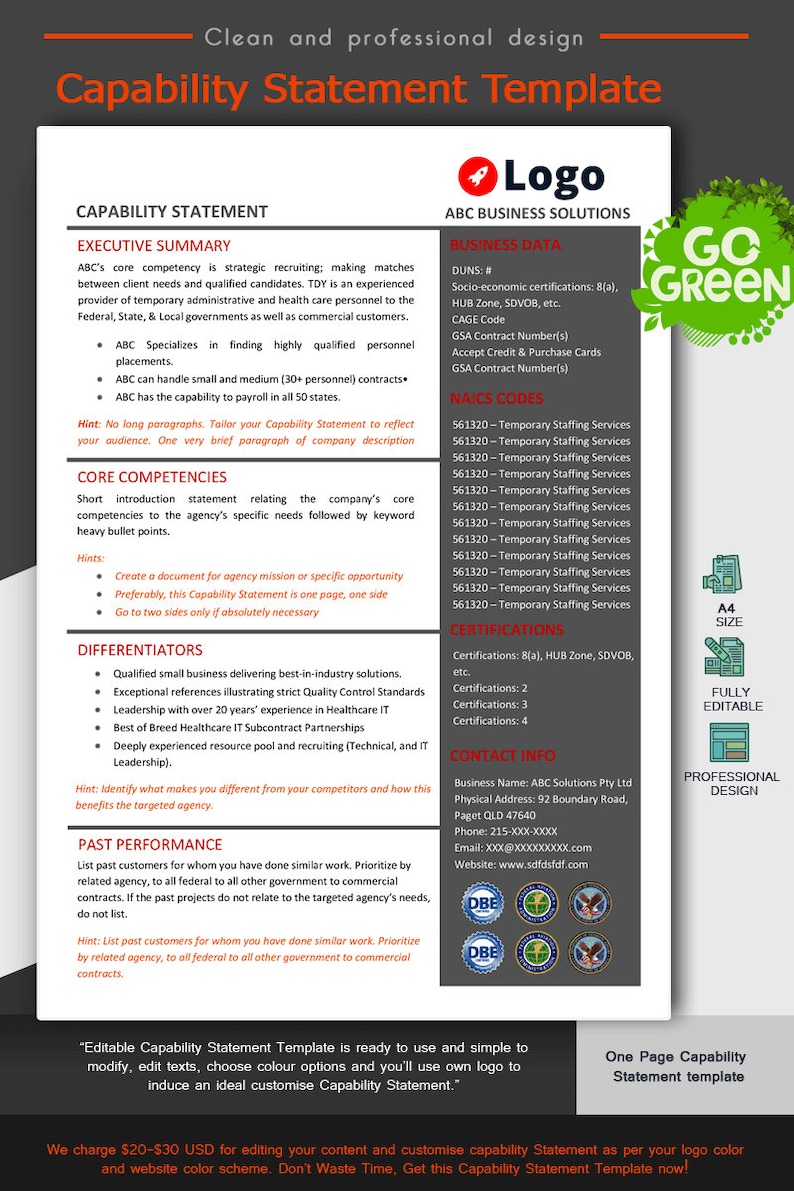May include: A black and white capability statement template for a business called ABC Business Solutions. The template includes sections for executive summary, core competencies, differentiators, past performance, contact info, and business data. The template is fully editable and has a professional design.