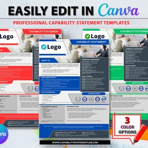 Könnte beinhalten: Drei professionelle Kompetenz-Statements in den Farben Rot, Blau und Grün. Jede Vorlage enthält Abschnitte für "Über uns", "Unternehmensübersicht", "Kernkompetenzen", "Vergangene Leistungen", "Partnerschaften/Kunden", "Differenzierungsmerkmale", "NAICS-Codes" und "Zertifizierungen". Die Vorlagen sind einfach in Canva zu bearbeiten.