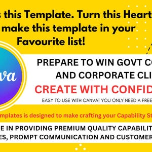 Puede incluir: Gr&aacute;fico amarillo con texto que promociona plantillas de Canva. Incluye un icono de coraz&oacute;n, una ilustraci&oacute;n de apret&oacute;n de manos y el logotipo de Canva. El texto destaca la preparaci&oacute;n para ganar contratos gubernamentales y clientes corporativos.