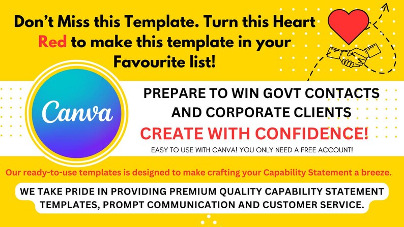 Puede incluir: Gr&aacute;fico amarillo con texto que promociona plantillas de Canva. Incluye un icono de coraz&oacute;n, una ilustraci&oacute;n de apret&oacute;n de manos y el logotipo de Canva. El texto destaca la preparaci&oacute;n para ganar contratos gubernamentales y clientes corporativos.
