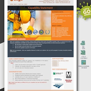 May include: A capability statement template featuring a green "Let's Go Green" logo, a blue "DBE" logo, and a green "SOVOB" logo. The template includes sections for contact information, business data, NAICS codes, company overview, core competencies, differentiators, certifications, past performance, and a one-page capability statement template. The template is fully editable and professionally designed.
