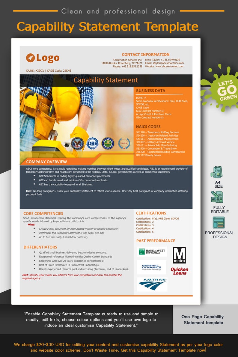 May include: A capability statement template featuring a green "Let's Go Green" logo, a blue "DBE" logo, and a green "SOVOB" logo. The template includes sections for contact information, business data, NAICS codes, company overview, core competencies, differentiators, certifications, past performance, and a one-page capability statement template. The template is fully editable and professionally designed.