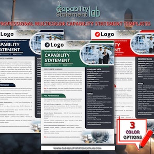May include: Three professional capability statement templates in navy blue, green, and red. Each template features a company logo, the words "CAPABILITY STATEMENT," and sections for corporate summaries and past performance. The image also includes the text "3 COLOR OPTIONS."